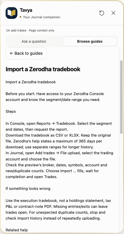 Tavya showing the Import a Zerodha tradebook guide