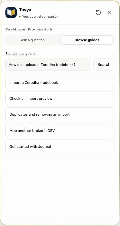 Tavya search results for uploading a Zerodha tradebook