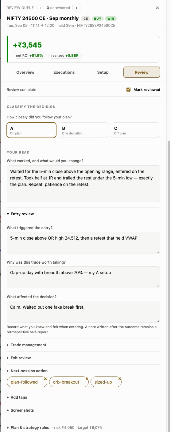 Trade review drawer: classify the decision A on plan, your read, entry review fields and next-session tags