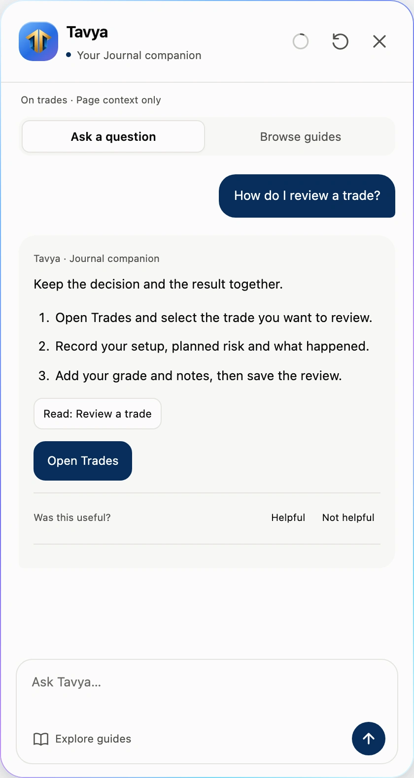 Tavya: how do I review a trade?