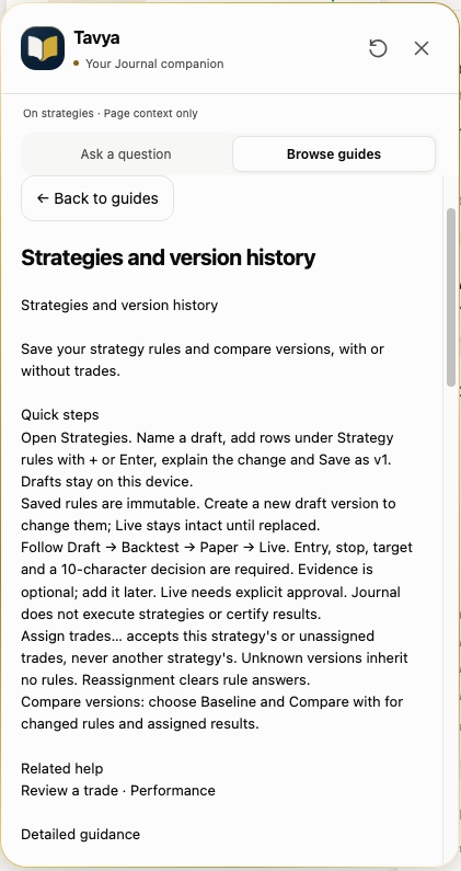 Tavya showing the Strategies and version history guide